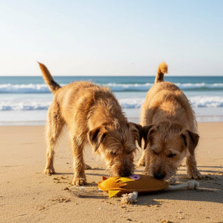 Two dogs playing with Hector the Highland Cow Dog Toy on a sandy beach with ocean waves in the background.