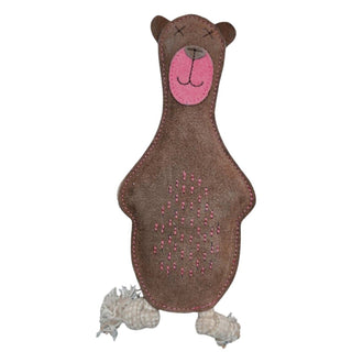 Brown dog toy shaped like a bear with a black nose, black crosses for eyes and a pink circle that spans from the top of his nose to just under his mouth. He has pink threads on his stomach that resemble hair. He has two white cord legs but his arms are built into the base of his body, made from the same material as his face and body. He is pictured on a white background.