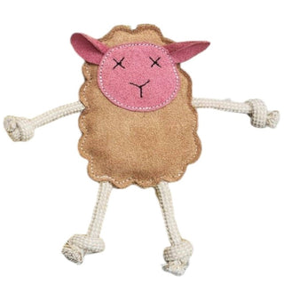 Mary the Lamb Dog Toy. She has a pink face with black crosses for eyes and a black mouth. She has a beige body and white legs. Pictured on a white background.